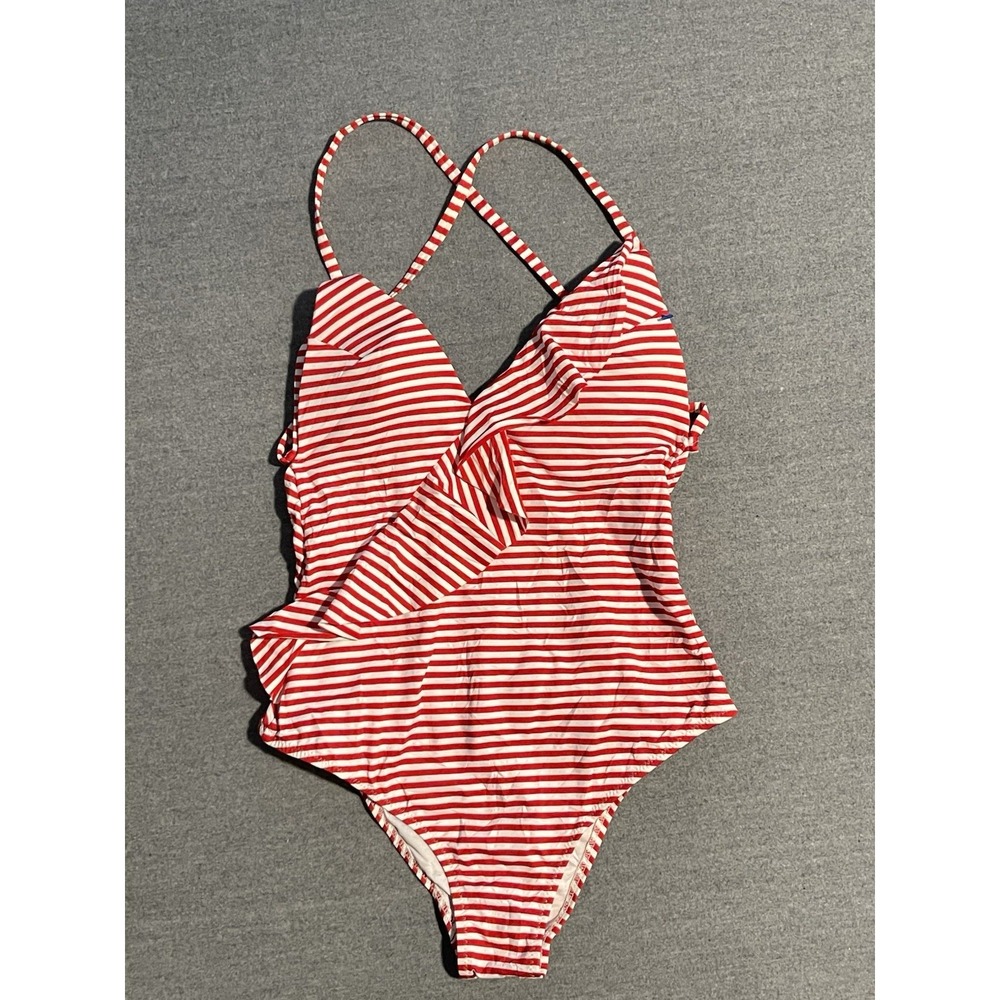 Red White Striped One Piece Swimsuit Ruffle Front Criss Cross Back Summer Swim - Picture 1 of 5